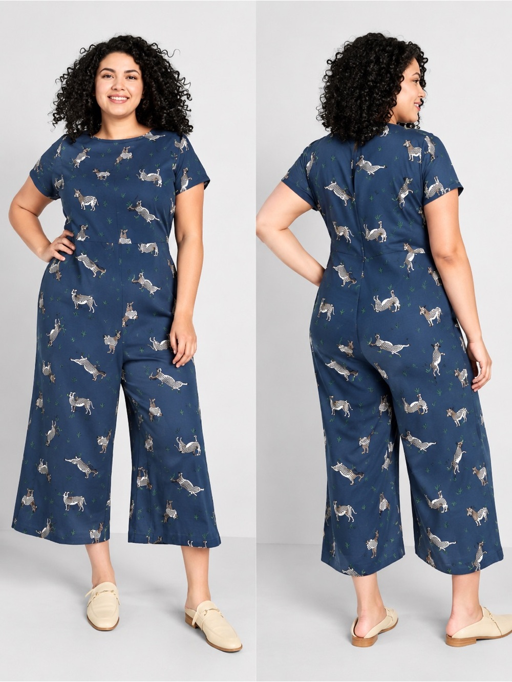 ModCloth Linen-Blend Short-Sleeve Wide-Leg Jumpsuit with Animal Print